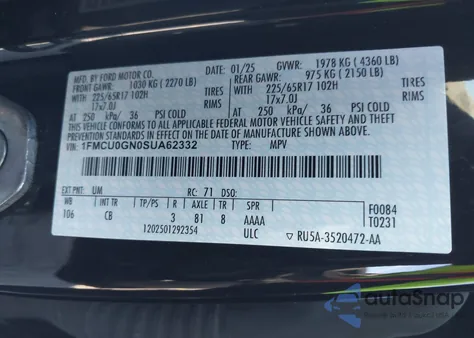 2025 Ford Escape Active из США, поврежденный, VIN 1FMCU0GN0SUA62332